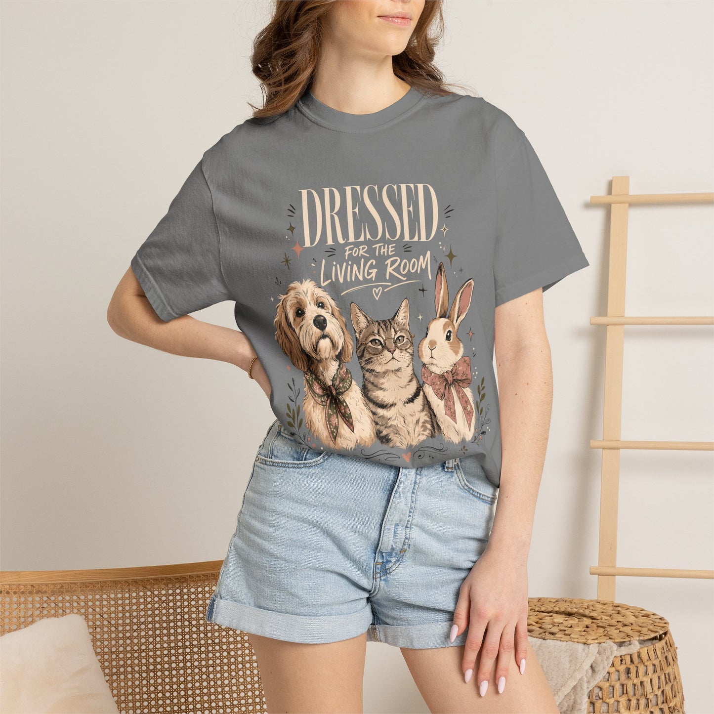 "Dressed for the Living Room" Dog, Cat & Bunny T-Shirt