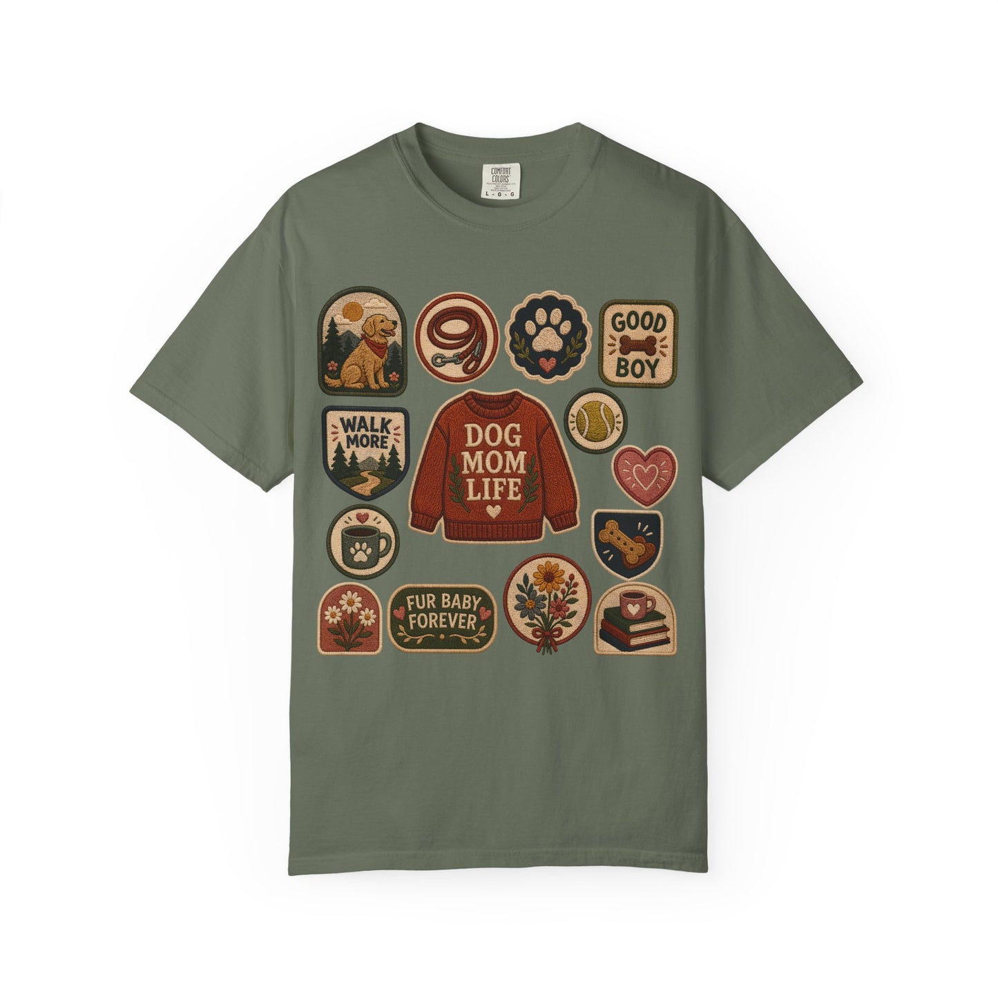 Dog Mom Life Patch — Cute Pet Lover T-Shirt (Patch Effect - Flat Printed Image - No Embroidery on this T-Shirt)