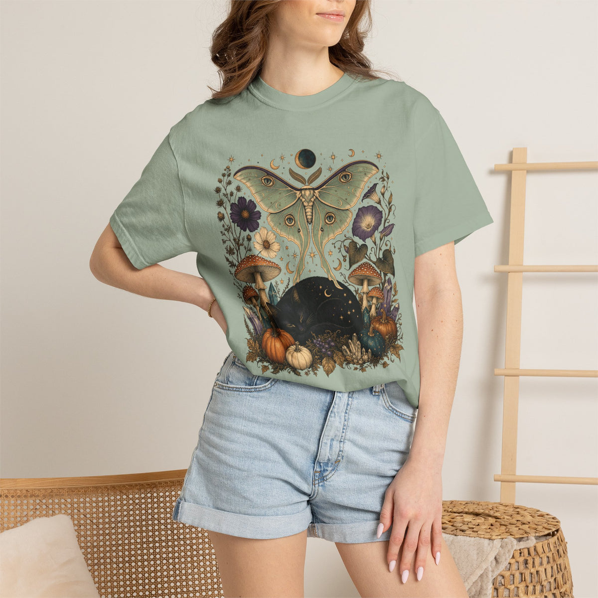 Celestial Black Cat T-Shirt – Witchy Moth & Mushroom Cat Lover Tee