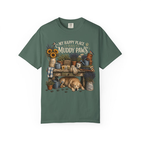 My Happy Place Has Muddy Paws Shirt, Labrador Lover Gardening T-Shirt