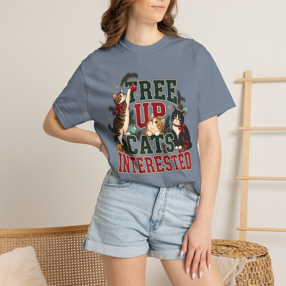 Tree Up Cats Interested T-Shirt – Funny Christmas Cat Lover Tee