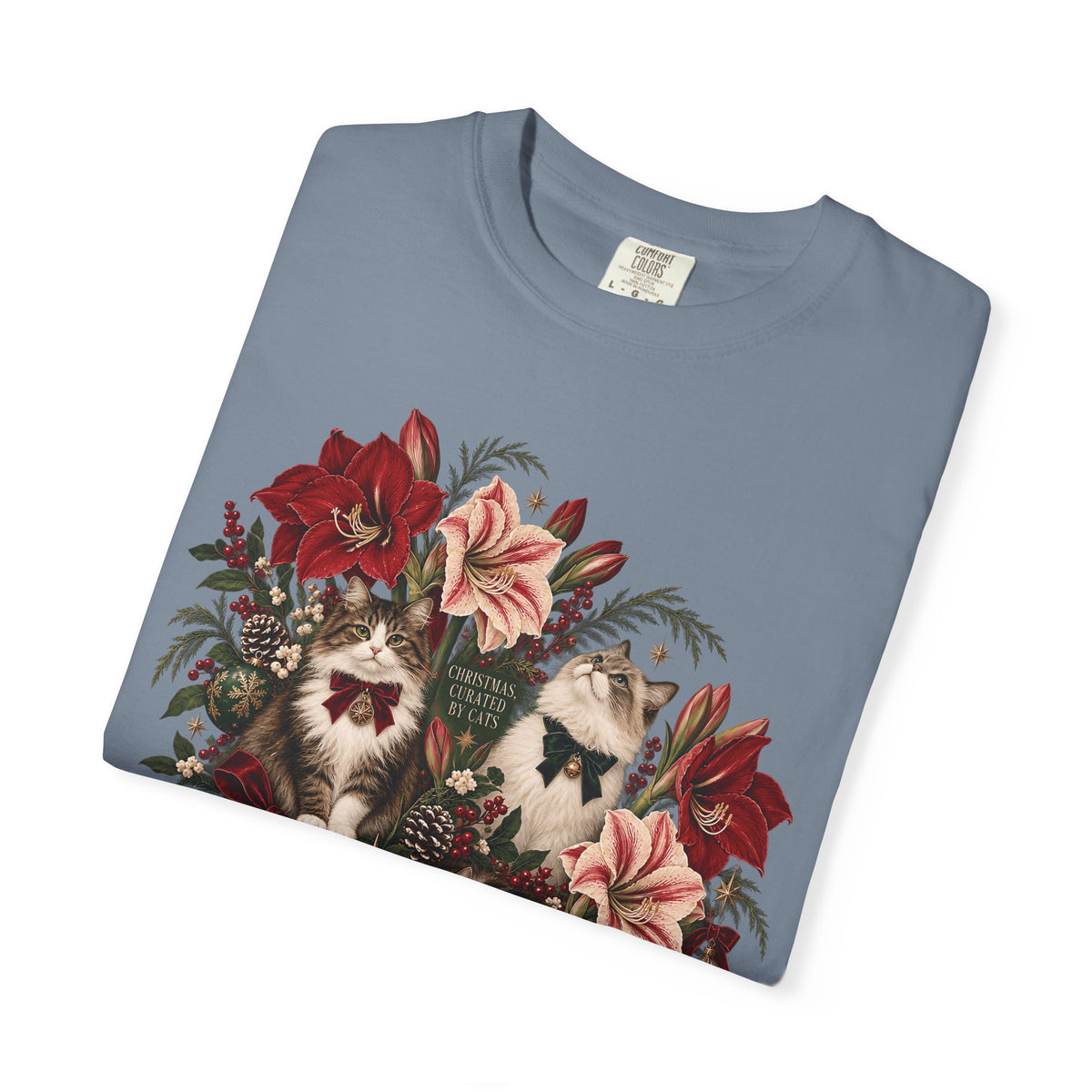 Christmas Curated by Cats T-Shirt – Elegant Vintage Christmas Cat Tee