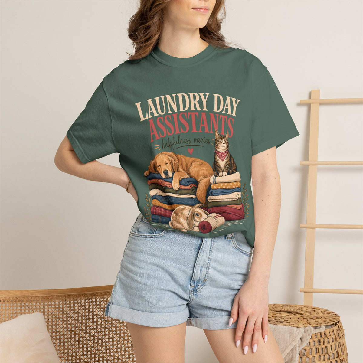 Laundry Day Assistants T-Shirt – Cute Dogs & Cat on Folded Clothes