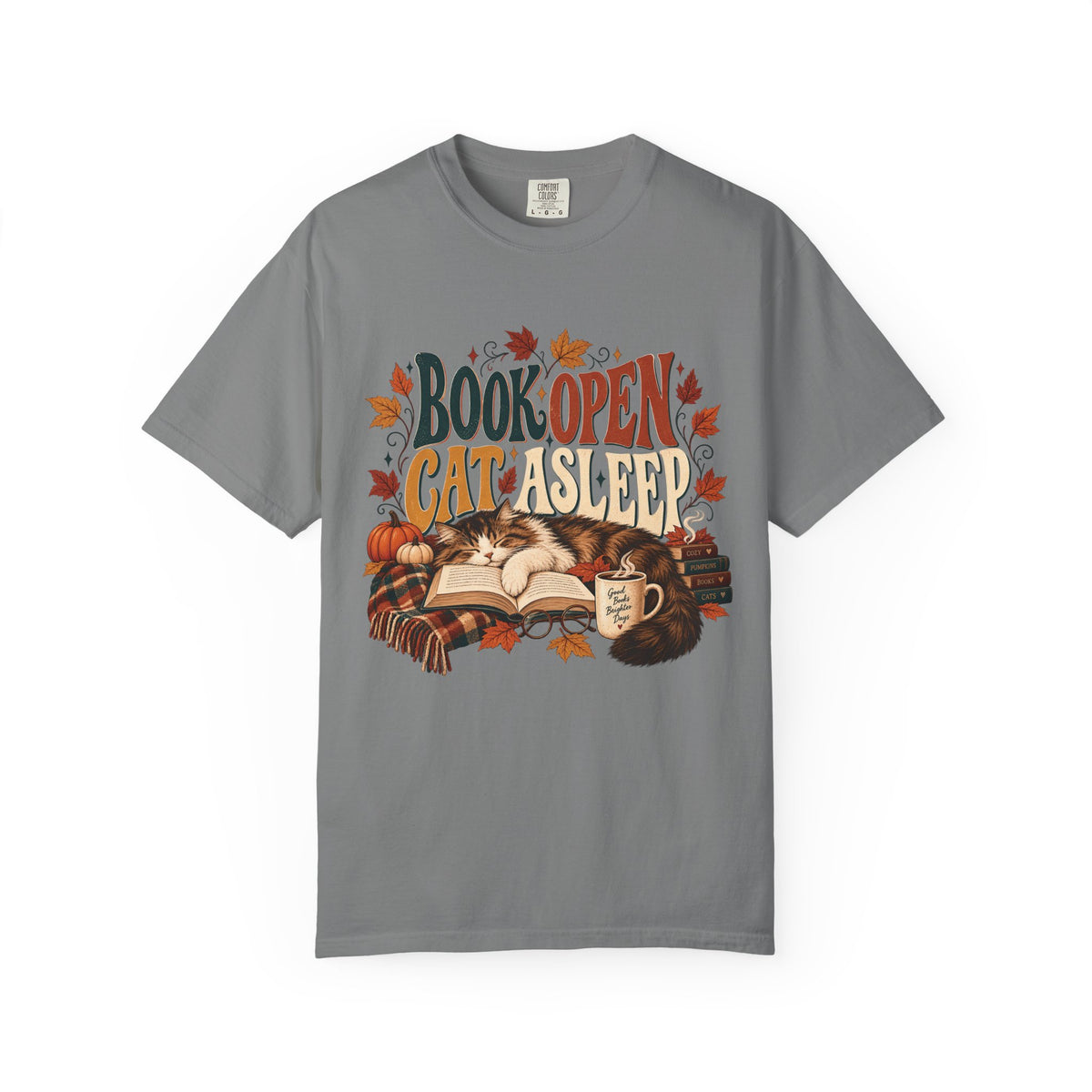 Book Open Cat Asleep T-Shirt – Cozy Cat Lover & Reader Tee