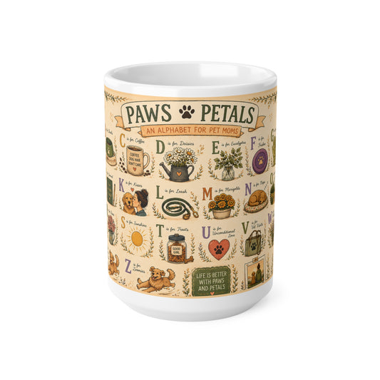 Paws & Petals Alphabet Ceramic Mug — Illustrated A–Z Pet Plants, 15oz Mug