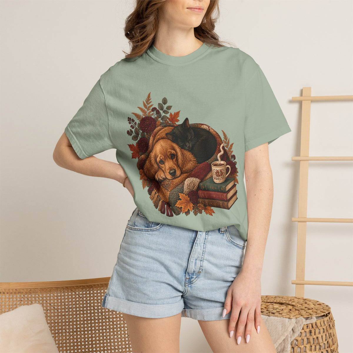 Cozy Autumn Dog & Cat T-Shirt – Sleeping Puppy and Kitten Fall Tee