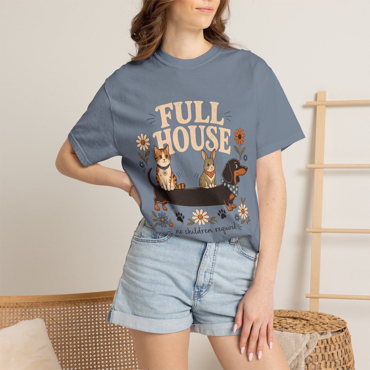 "Full House, No Children Required" Funny Dog, Cat & Bunny T-Shirt