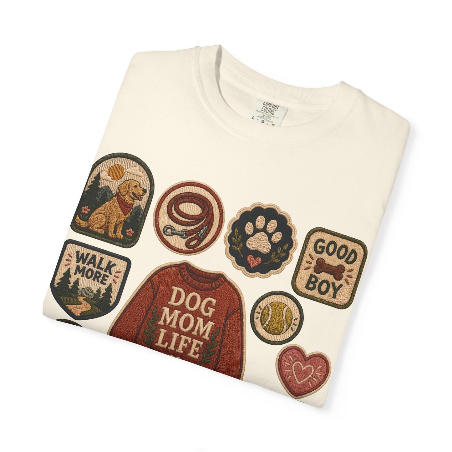 Dog Mom Life Patch — Cute Pet Lover T-Shirt (Patch Effect - Flat Printed Image - No Embroidery on this T-Shirt)
