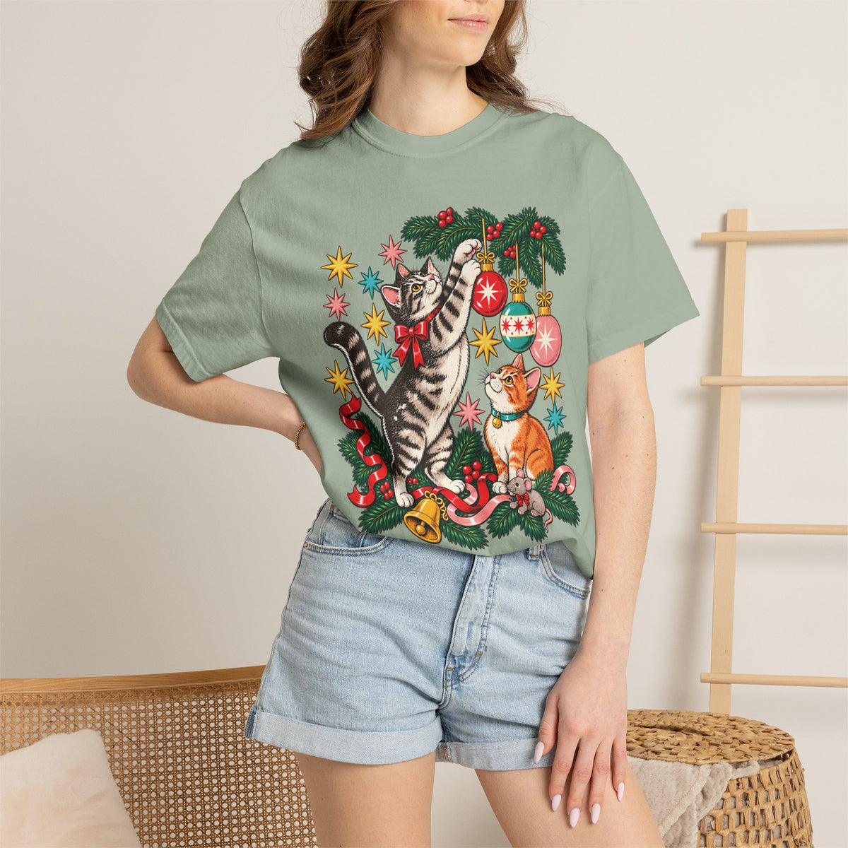 Retro Christmas Cats T-Shirt – Mischievous Cats & Ornaments Tee