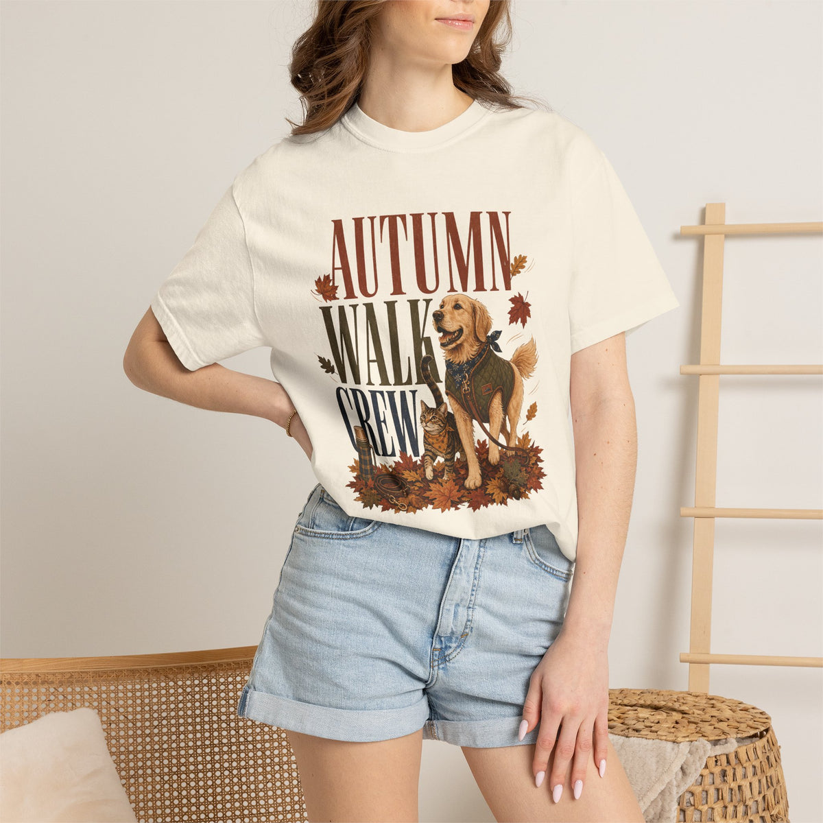 Autumn Walk Crew T-Shirt – Fall Dog & Cat Pet Lover Graphic Tee