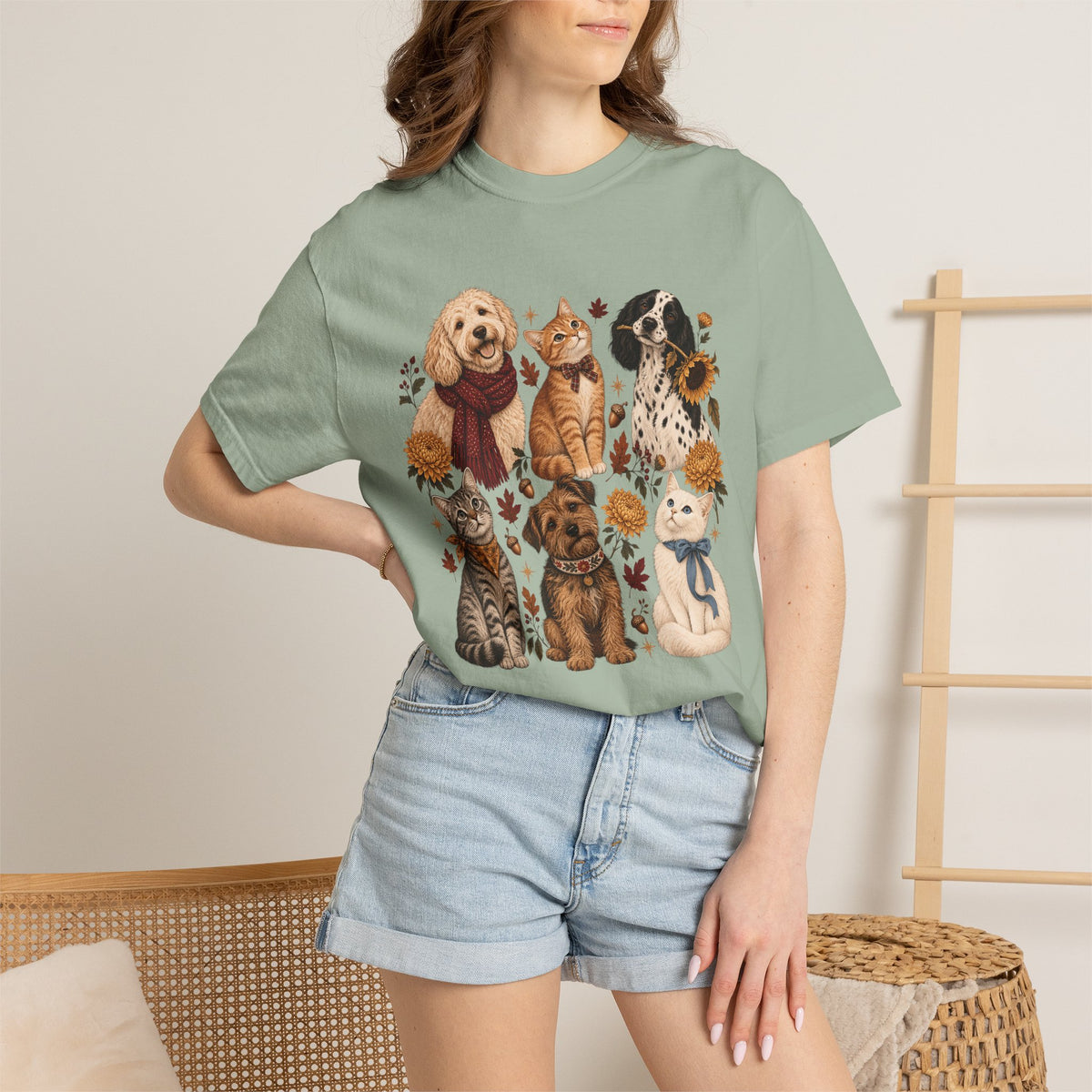 Vintage Autumn Dog & Cat T-Shirt – Six Pets Floral Graphic Tee
