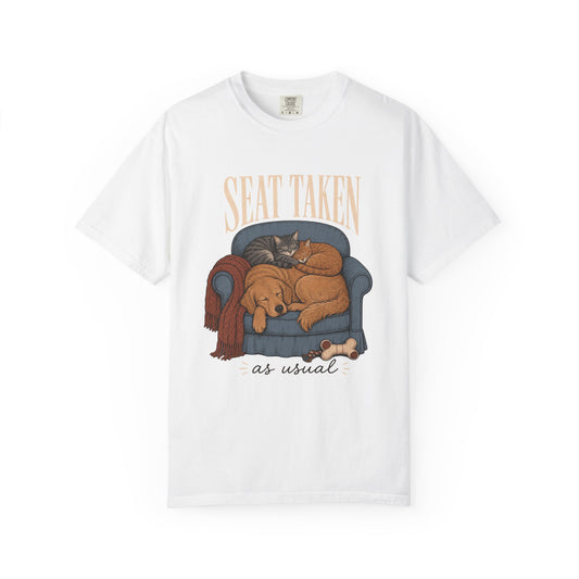 "Seat Taken, As Usual" Funny Dog & Cats Armchair T-Shirt