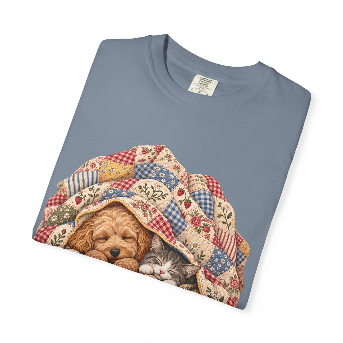 Sleeping Puppy & Kitten T-Shirt – Vintage Patchwork Quilt Pet Lover Tee