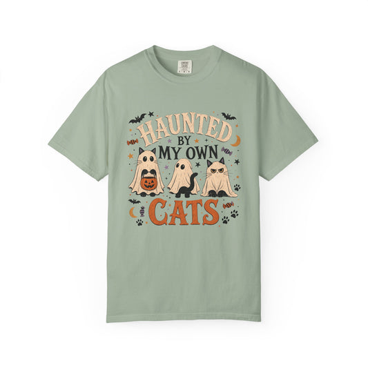 Haunted By My Own Cats T-Shirt – Funny Halloween Cat Mom Ghost Shirt