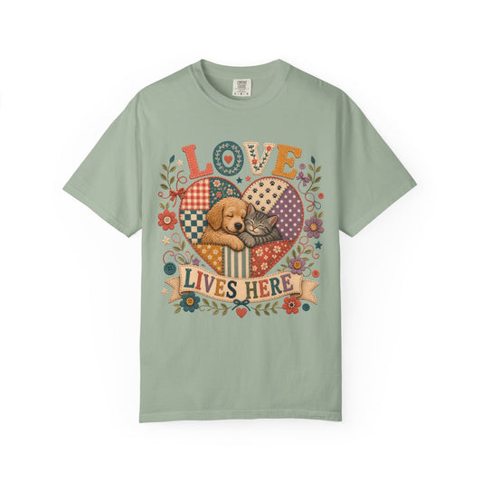 Love Lives Here — Cute Pet Lover T-Shirt - Embroidery Effect Print