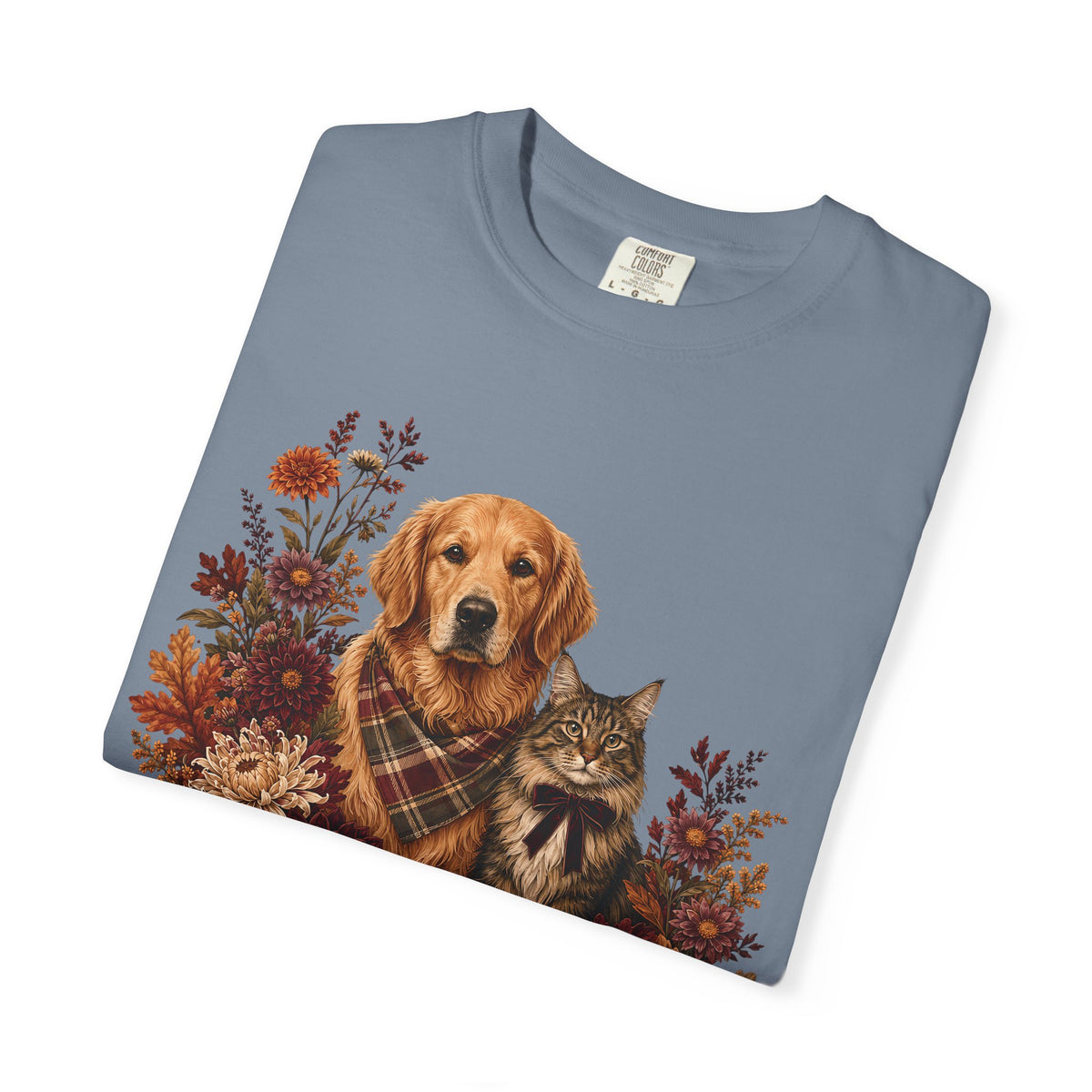 Autumn Dog & Cat Floral T-Shirt – Cozy Fall Pet Lover Graphic T-Shirt