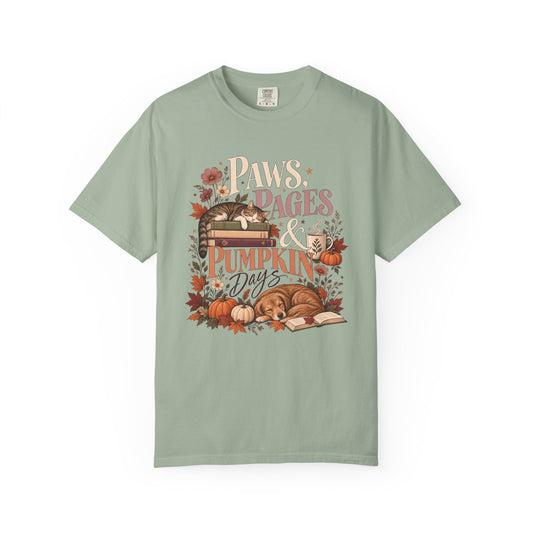 Paws, Pages & Pumpkin Days T-Shirt – Cozy Fall Book Lover Pet Tee