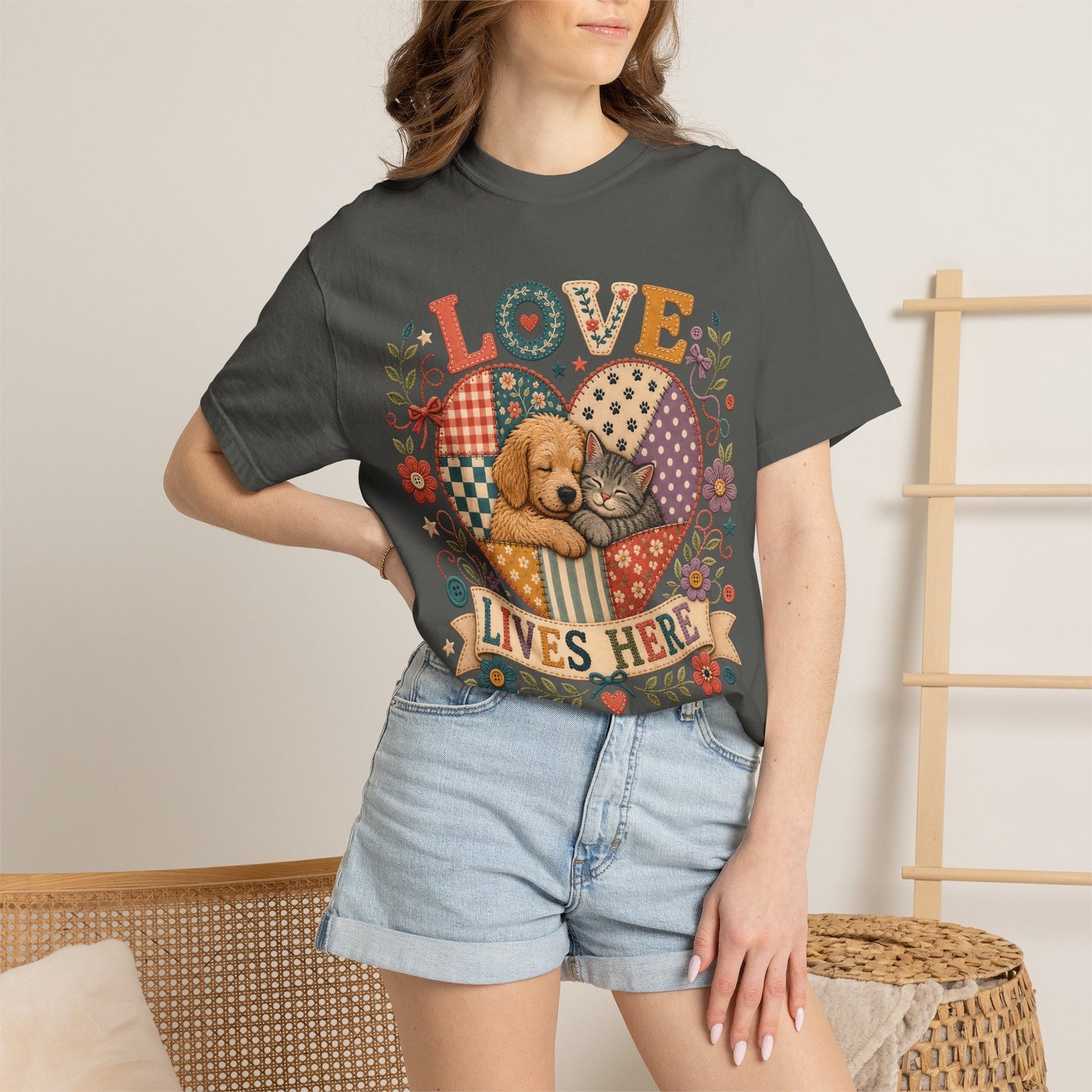 Love Lives Here — Cute Pet Lover T-Shirt - Embroidery Effecrt Print