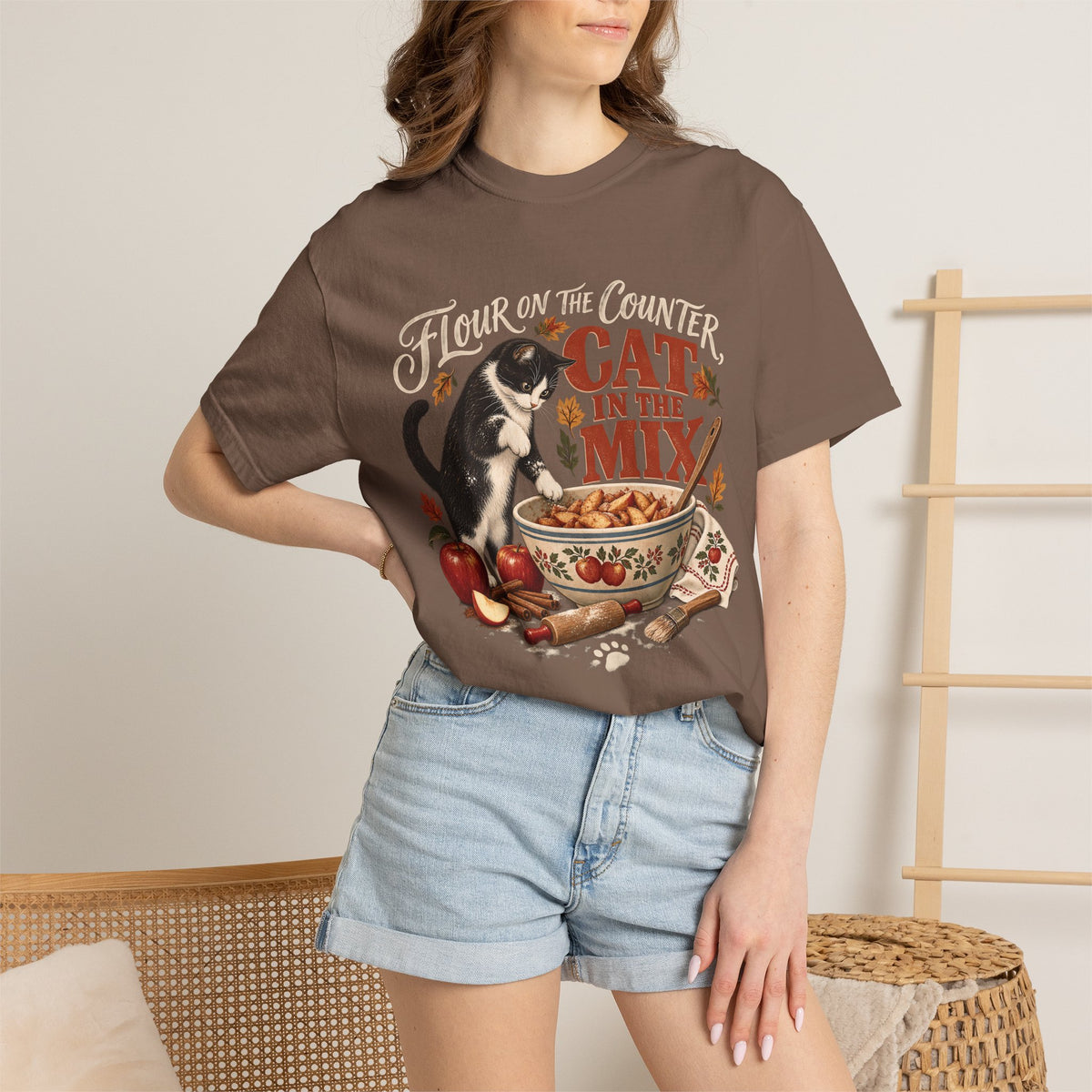 Flour on the Counter Cat in the Mix T-Shirt – Funny Baking Cat Tee