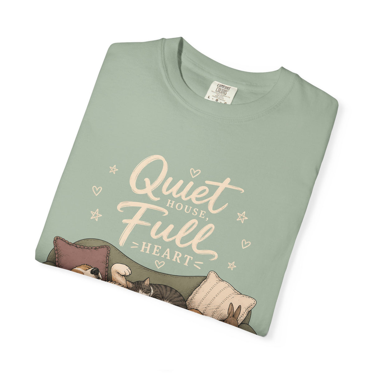 "Quiet House, Full Heart" Sleeping Dog, Cat & Bunny Sofa T-Shirt