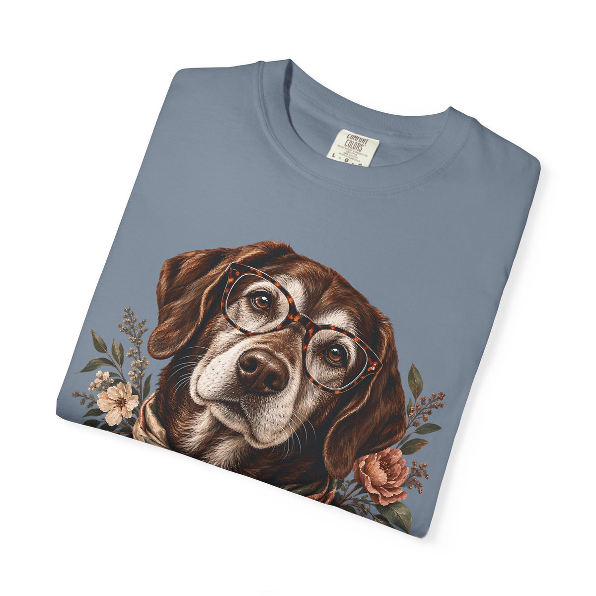 Vintage Floral Dog T-Shirt – Dog with Glasses & Botanical Scarf Tee