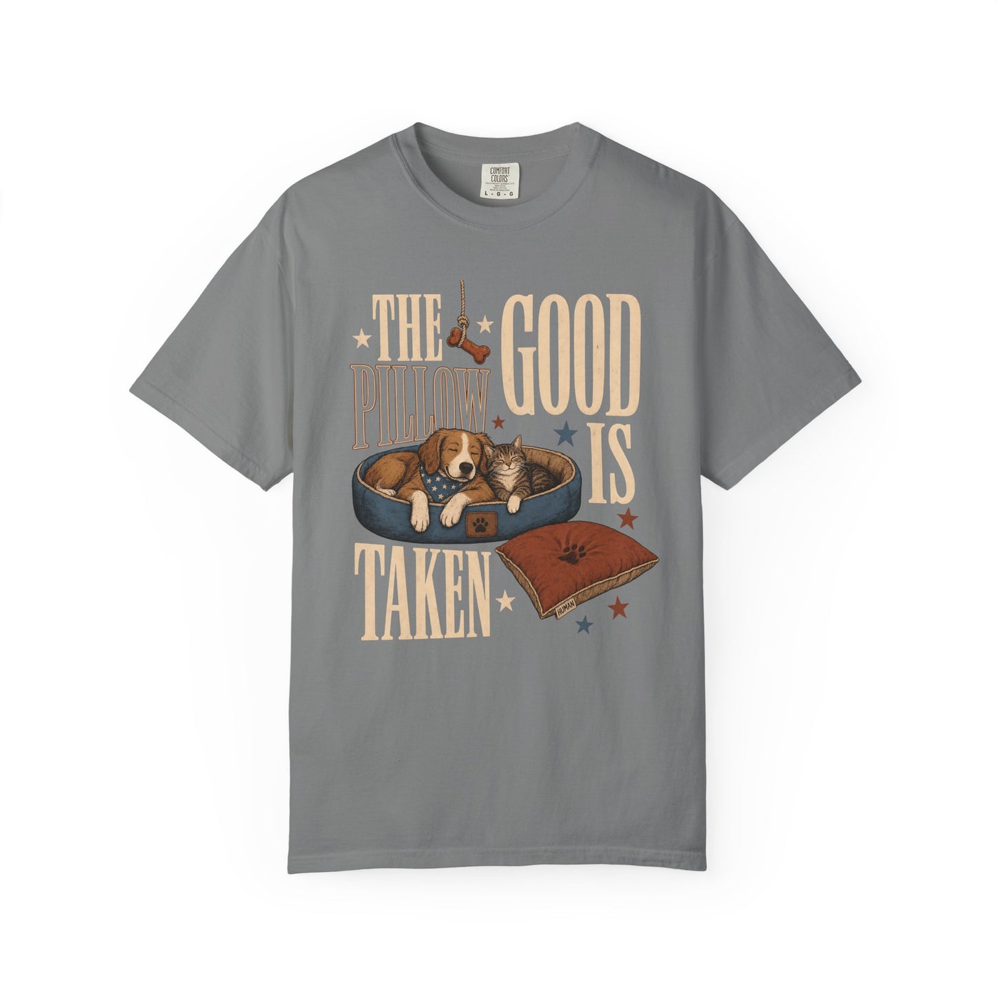 "The Good Pillow Is Taken" Funny Sleeping Dog & Cat T-Shirt