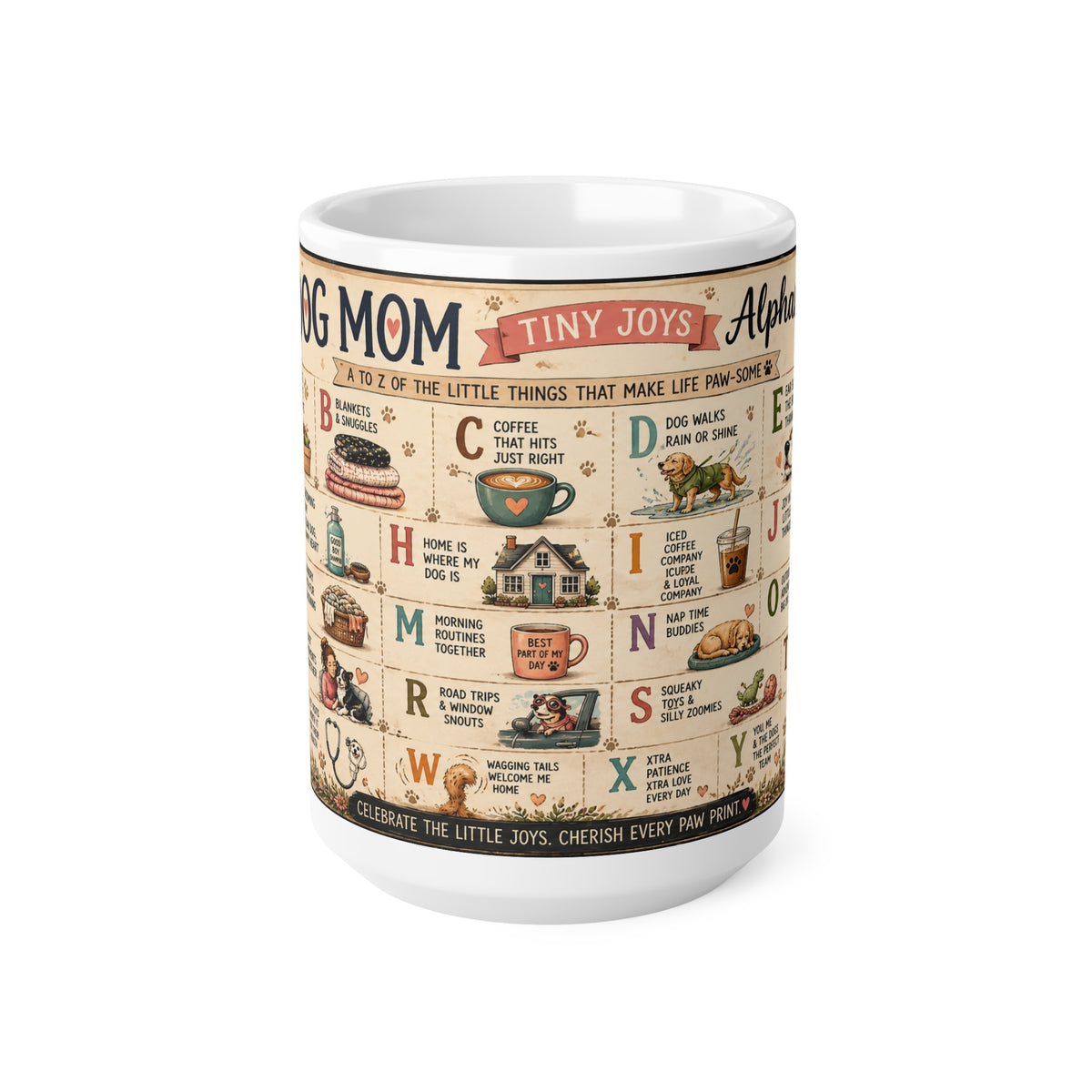 Dog Mom Alphabet Ceramic Coffee Mug — Vintage Illustrated 15oz