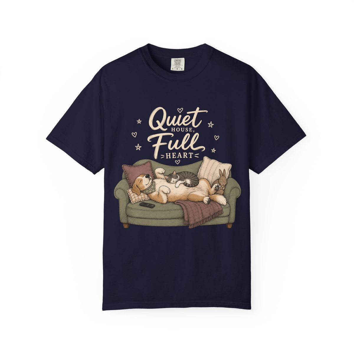 "Quiet House, Full Heart" Sleeping Dog, Cat & Bunny Sofa T-Shirt