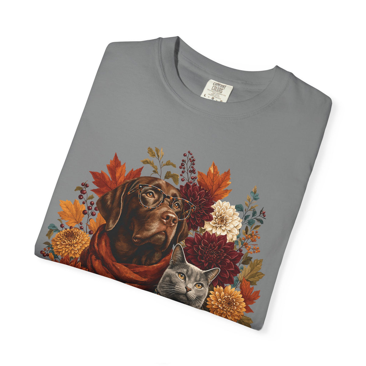 Autumn Dog & Cat T-Shirt – Vintage Floral Pet Lover Fall Graphic Tee