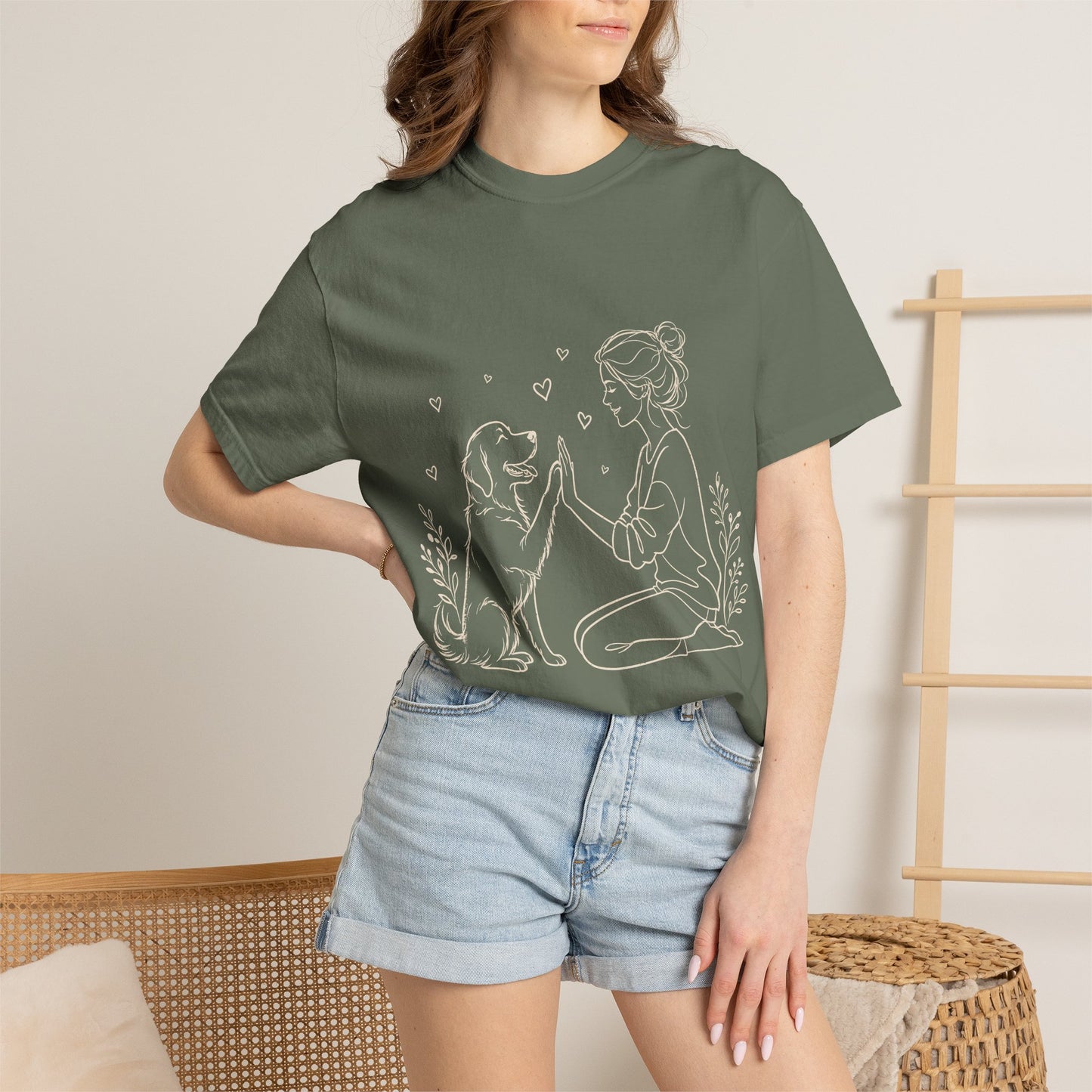Minimalist Woman and Dog High Five - Cute Pet Lover T-Shirt