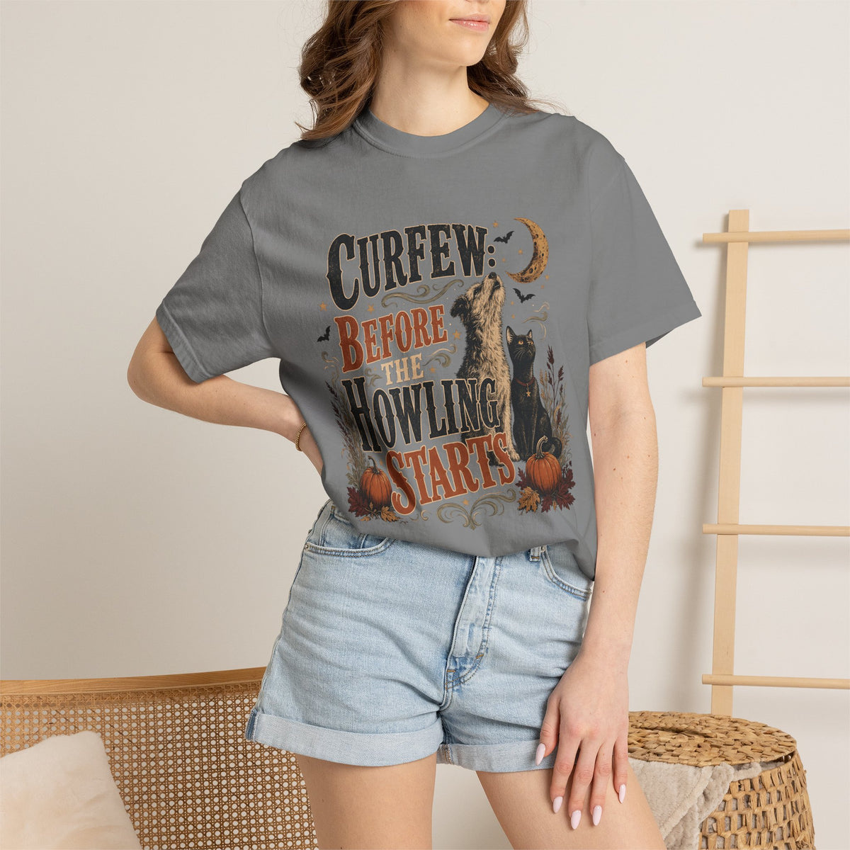 Curfew Before The Howling Starts T-Shirt – Funny Halloween Dog & Cat Tee