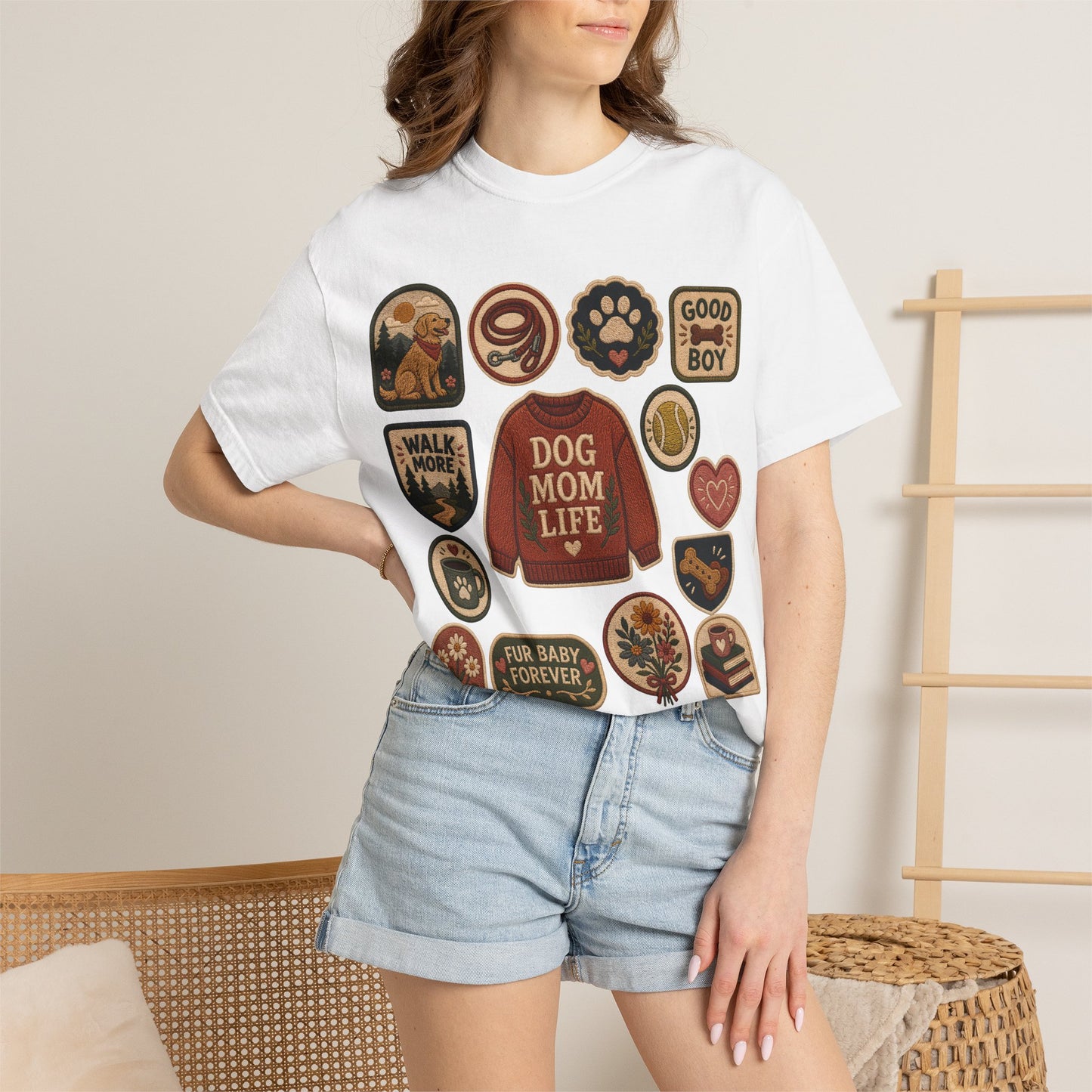 Dog Mom Life Patch — Cute Pet Lover T-Shirt (Patch Effect - Flat Printed Image - No Embroidery on this T-Shirt)