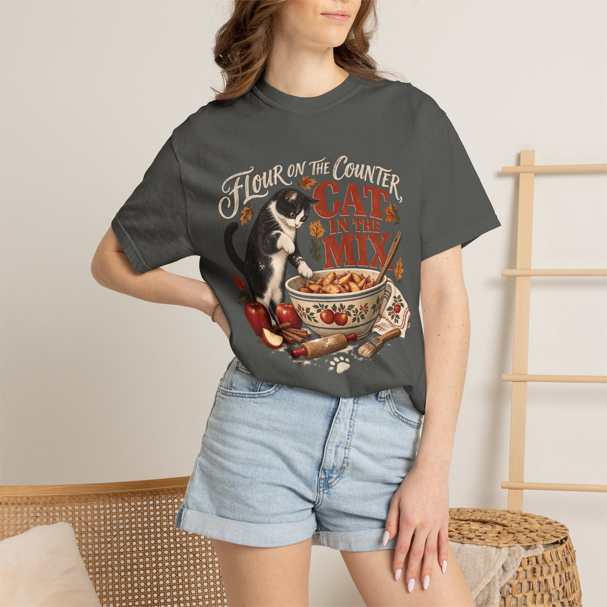 Flour on the Counter Cat in the Mix T-Shirt – Funny Baking Cat Tee
