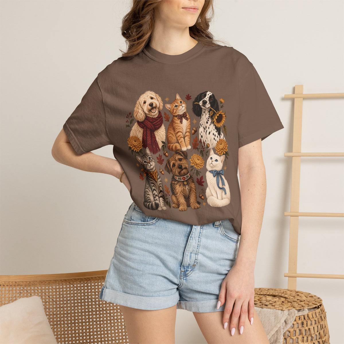 Vintage Autumn Dog & Cat T-Shirt – Six Pets Floral Graphic Tee