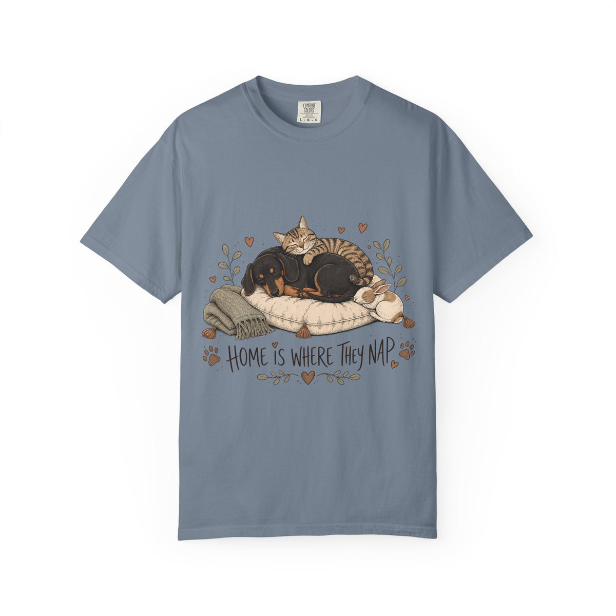 "Home Is Where They Nap" Sleepy Pets T-Shirt – Dachshund, Cat & Bunny Design