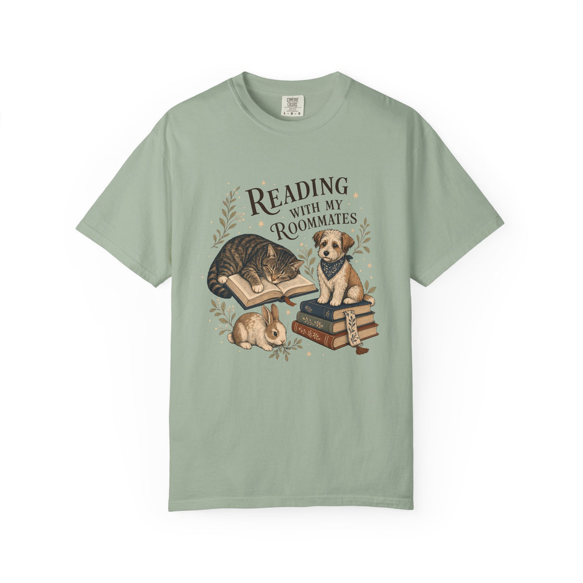 "Reading With My Roommates" Cat, Dog & Bunny Book Lover T-Shirt