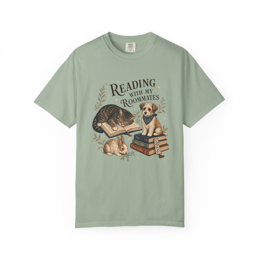 "Reading With My Roommates" Cat, Dog & Bunny Book Lover T-Shirt