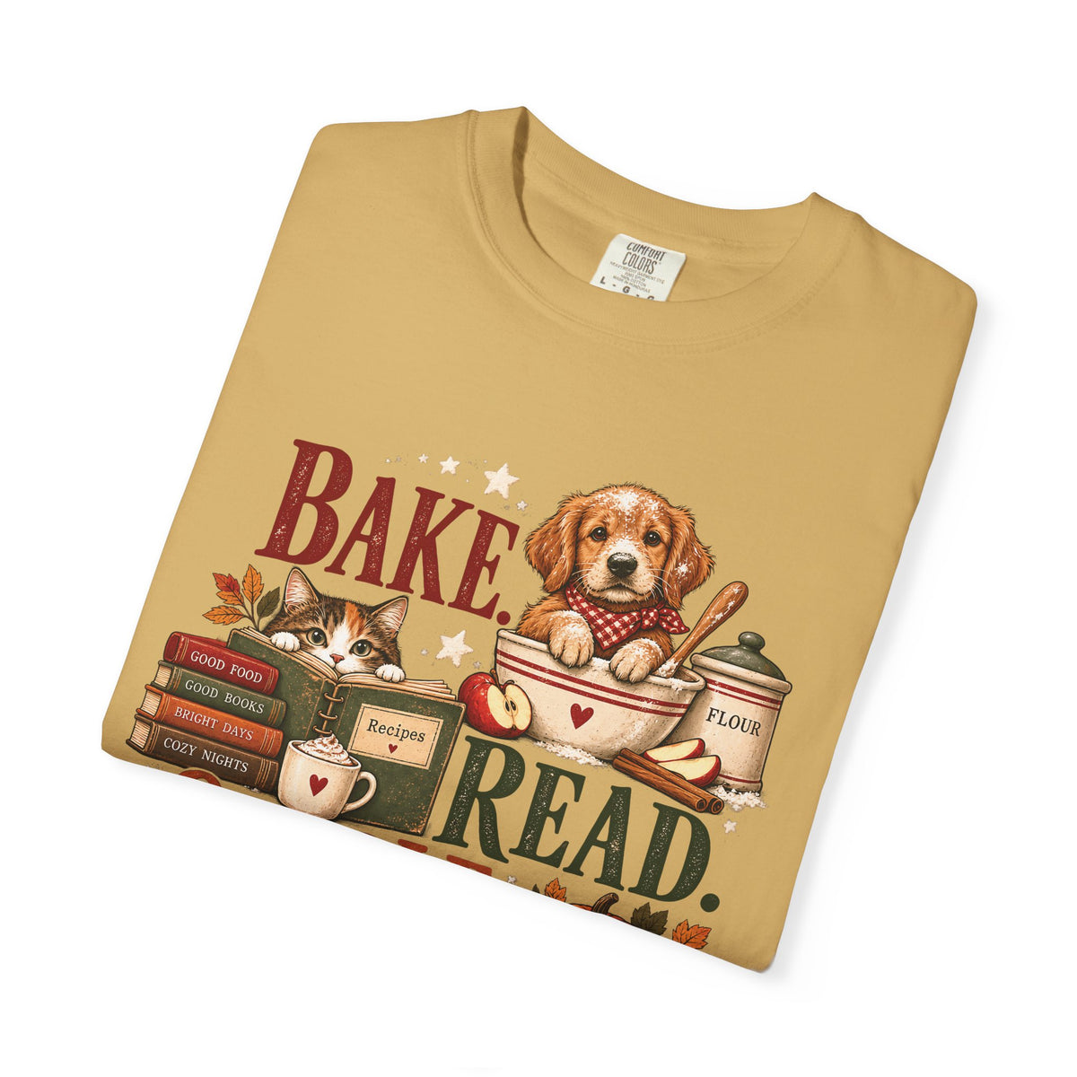 Bake. Read. Cuddle. Repeat. Pet Lover T-Shirt – Cozy Dog & Cat Book Lover Tee